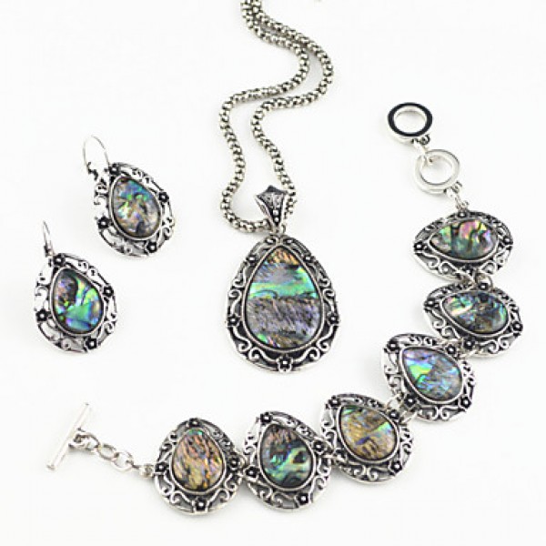 Vintage Antique Silver Man-made Abalone Stone Necklace Earring Bracelet Jewelry Set(1Set)  