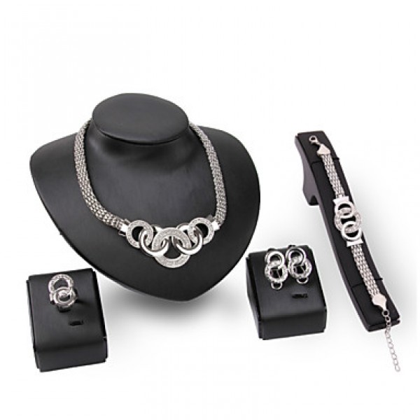 Lucky Doll Diamond Silver Plated Rhinestone Tassel Necklace & Earrings & Bracelet & Ring Party Jewelry Sets  