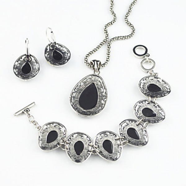 Vintage Antique Silver Man-made Abalone Stone Necklace Earring Bracelet Jewelry Set(1Set)  