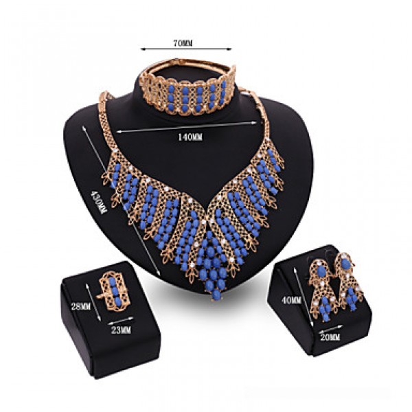 Women's Vintage 18K Gold Plated Rhinestone Tassel Necklace & Earrings & Bracelet & Ring Jewelry Sets  