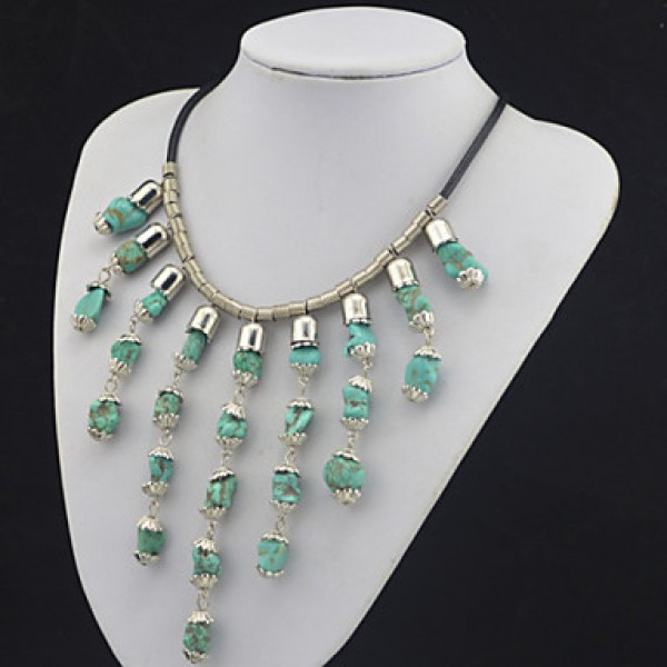 Vintage Antique Silver Natural Irregular Turquoise Stone Necklace Earring Jewelry Set(1Set)  