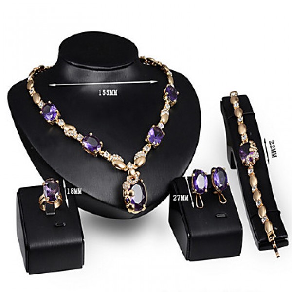 Fashion Gem Necklace Earrings Ring Bracelet Set Dinner  