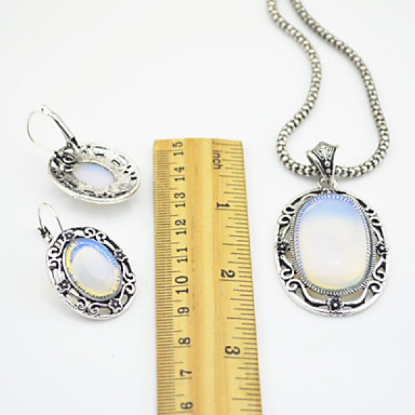 Vintage Antique Silver Natural Opal Transparent Stone Necklace Earring Bracelet Jewelry Set(1Set)  