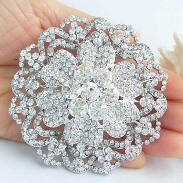 Women's Trendy Alloy Silver-tone Rhinestone Crystal Flower Wedding Bridal Brooch