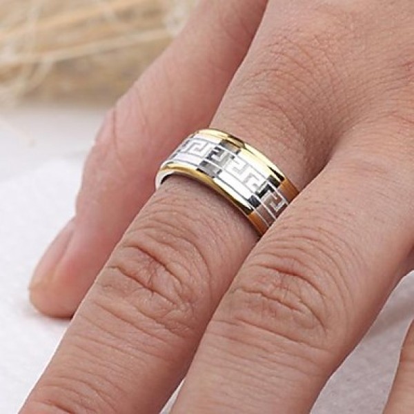  8mm Width Two Tone The Great Wall Pattern Titanium Steel Men's Band Ring