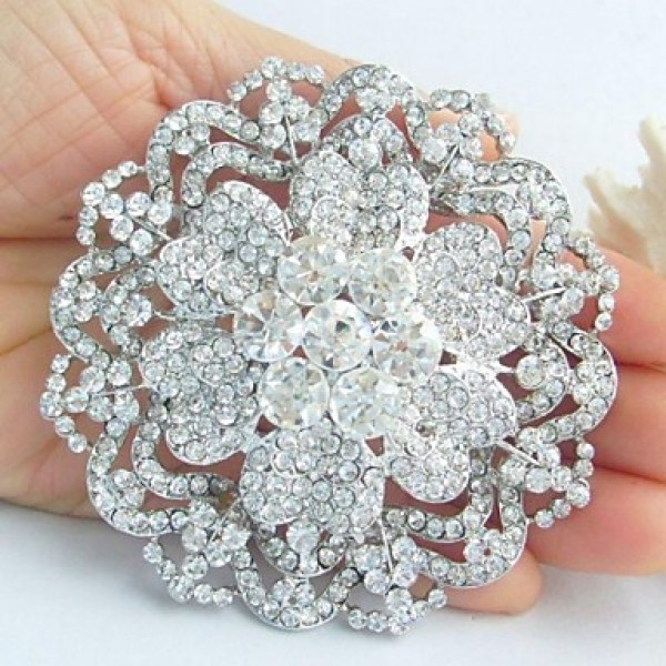 Women's Trendy Alloy Silver-tone Rhinestone Crystal Flower Wedding Bridal Brooch