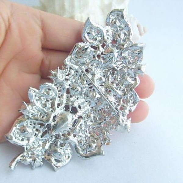 Women's Trendy Alloy Silver-tone Rhinestone Crystal Flower Wedding Bridal Brooch