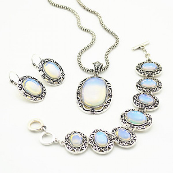 Vintage Antique Silver Natural Opal Transparent Stone Necklace Earring Bracelet Jewelry Set(1Set)  