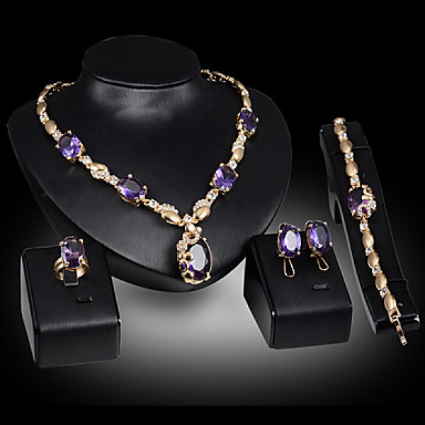 Fashion Gem Necklace Earrings Ring Bracelet Set Dinner  