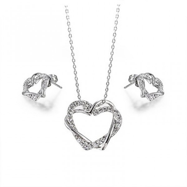 Women's Love Heart Designer CZ Diamond Pendant Jewelry 18K White Gold Plated Wedding Necklace Earrings Sets  