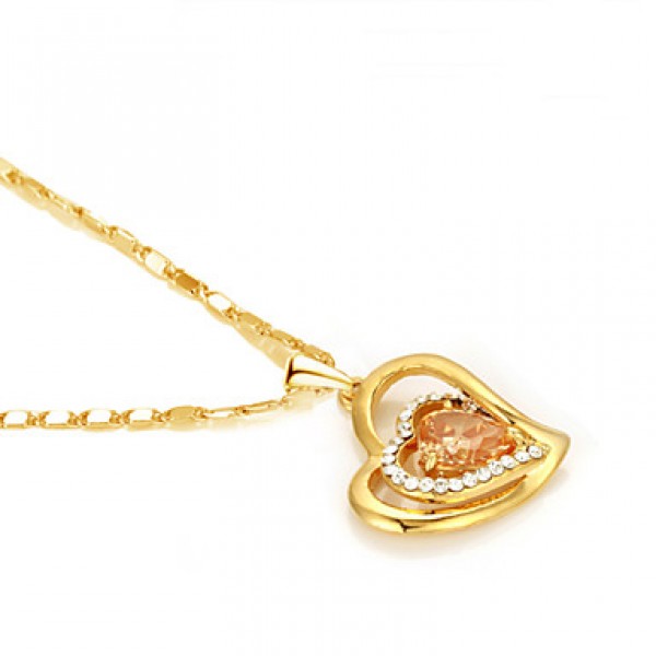 Women's 18k Yellow Gold Plated Champagne Gold Simulated Diamond Heart Pendant Necklace Earrings Set  