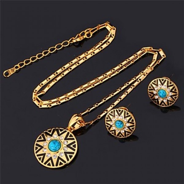 Turquoise Stone 18K Real Gold Plated Rhinestone Circular Stud Earrings Pendant Necklace Fashion Jewelry Set  