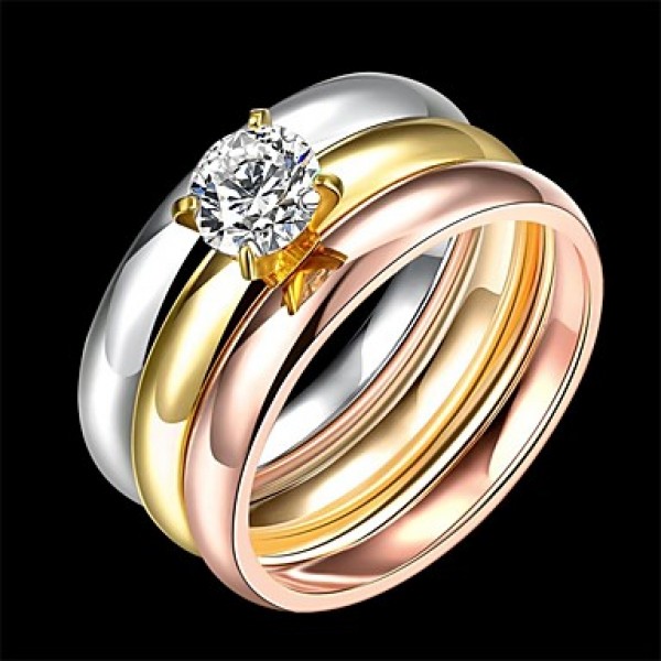 Vintage Classic Tricolor Stainless Steel with A Zircon Womens Girls Polished Rings 3 Pcs A Set