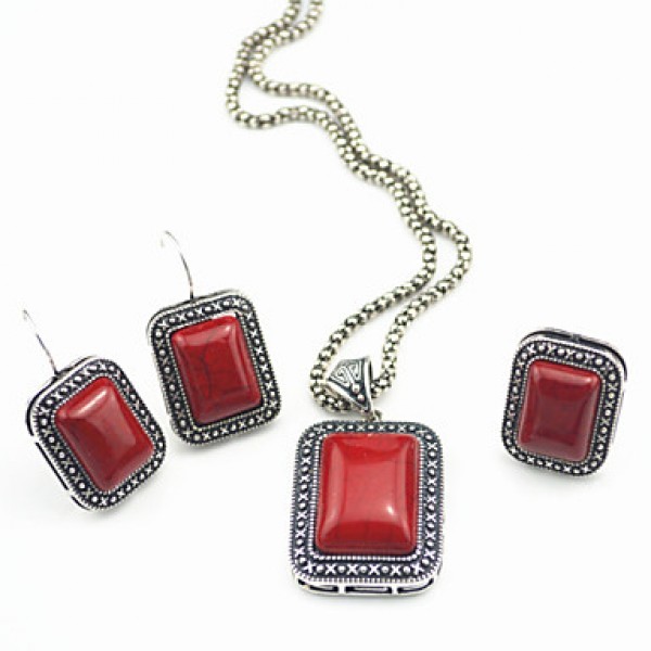 Vintage Look Antique Silver Man-made Red Square Turquoise Jewelry Set(1Set)  